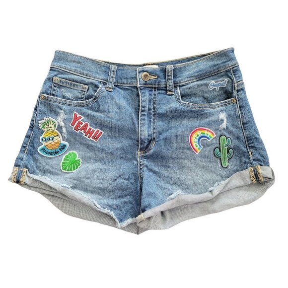 Sneak peek size 27 High Rise medium wash distressed Patch embroidered shorts - Picture 1 of 9